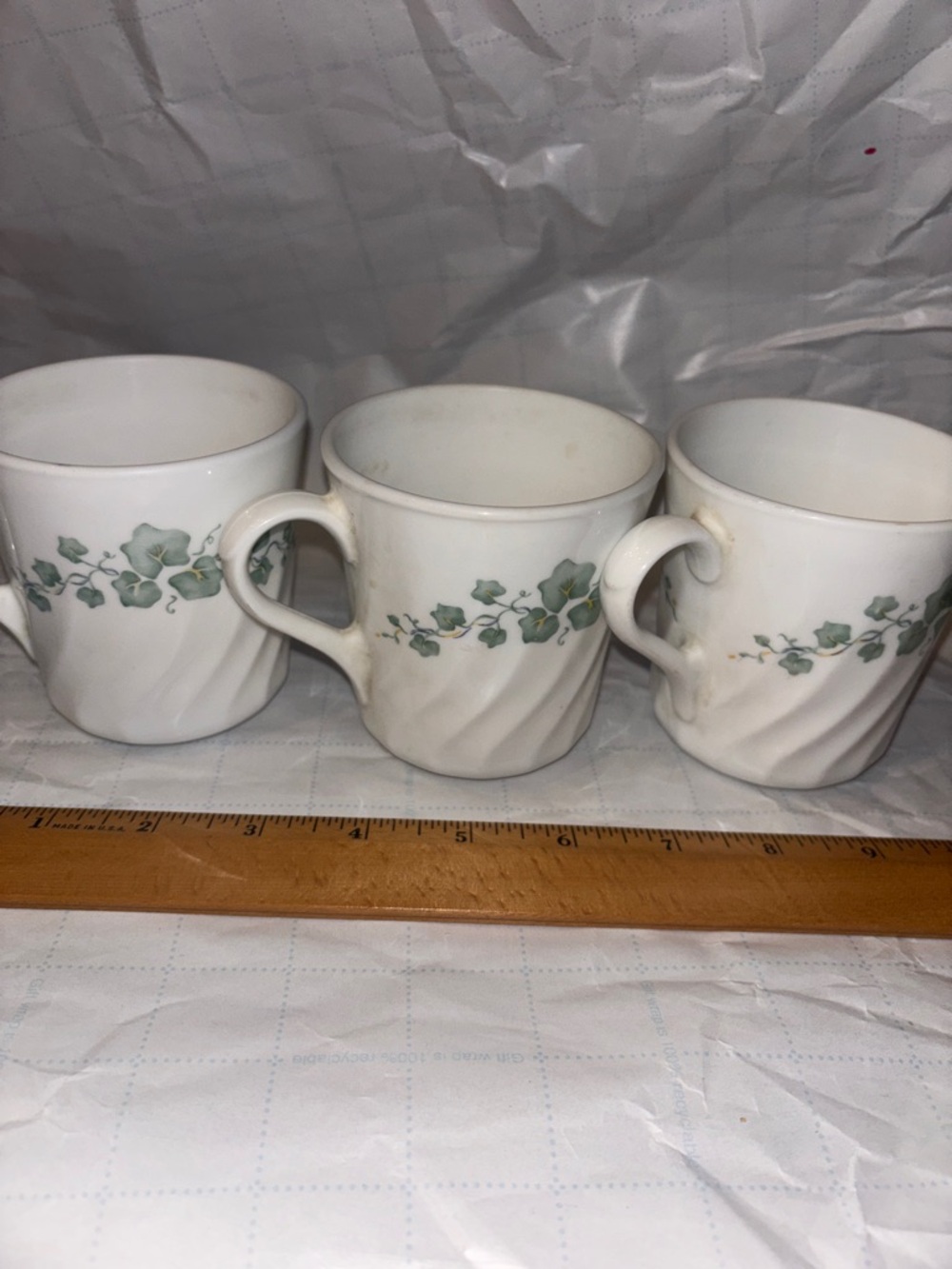 3 Vintage Corning Corelle Callaway Green Ivy Coffee Mug Cup Swirl White